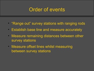 Order of events
• “Range out” survey stations with ranging rods
• Establish base line and measure accurately
• Measure remaining distances between other
survey stations
• Measure offset lines whilst measuring
between survey stations
 
