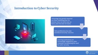 Technology has greatly impacted
our lives, redefining how we
interact, how we work, how we
learn, and even how we teach.
Tech proliferation has also
introduced security concerns
Learning institutions are
increasingly targeted by cyber
criminals, necessitating the need
for cyber security.
Introduction to Cyber Security
 