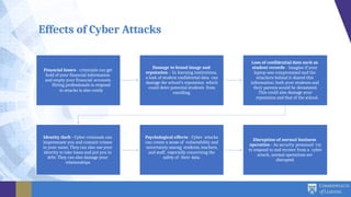 Effects of Cyber Attacks
Financial losses - criminals can get
hold of your financial information
and empty your financial accounts.
Hiring professionals to respond
to attacks is also costly
Damage to brand image and
reputation – In learning institutions,
a leak of student confidential data can
damage the school’s reputation which
could deter potential students from
enrolling.
Loss of confidential data such as
student records - Imagine if your
laptop was compromised and the
attackers behind it shared this
information; both your students and
their parents would be devastated.
This could also damage your
reputation and that of the school.
Identity theft - Cyber criminals can
impersonate you and commit crimes
in your name. They can also use your
identity to take loans and put you in
debt. They can also damage your
relationships.
Psychological effects - Cyber attacks
can create a sense of vulnerability and
uncertainty among students, teachers,
and staff, especially concerning the
safety of their data.
Disruption of normal business
operation - As security personnel try
to respond to and recover from a cyber
attack, normal operations are
disrupted.
 