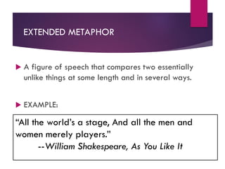 EXTENDED METAPHOR
 A figure of speech that compares two essentially
unlike things at some length and in several ways.
 EXAMPLE:
“All the world’s a stage, And all the men and
women merely players.”
--William Shakespeare, As You Like It
 
