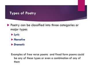 Types of Poetry
 Poetry can be classified into three categories or
major types
 Lyric
 Narrative
 Dramatic
Examples of free verse poems and fixed form poems could
be any of these types or even a combination of any of
them
 