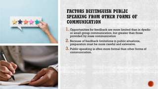 1.Opportunities for feedback are more limited than in dyadic
or small group communication, but greater than those
provided by mass communication
2.Because of feedback limitations in public situations,
preparation must be more careful and extensive.
3.Public speaking is often more formal than other forms of
communication.
 