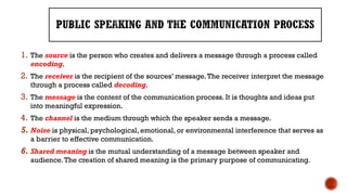 1. The source is the person who creates and delivers a message through a process called
encoding.
2. The receiver is the recipient of the sources’ message.The receiver interpret the message
through a process called decoding.
3. The message is the content of the communication process. It is thoughts and ideas put
into meaningful expression.
4. The channel is the medium through which the speaker sends a message.
5. Noise is physical, psychological, emotional, or environmental interference that serves as
a barrier to effective communication.
6. Shared meaning is the mutual understanding of a message between speaker and
audience.The creation of shared meaning is the primary purpose of communicating.
 