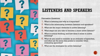 Discussion Questions
1. What is listening and why is it important?
2. What is the relationship between listeners and speakers?
3. What are the major obstacles to active listening?
4. What steps can you take to become a more active listener?
5. What is critical thinking, and how does it relate to active
listening?
6. What do you need to consider as an evaluator of speeches,
and what are the some key points to consider when
evaluating speeches?
7. What are the strategies for active listening?
 