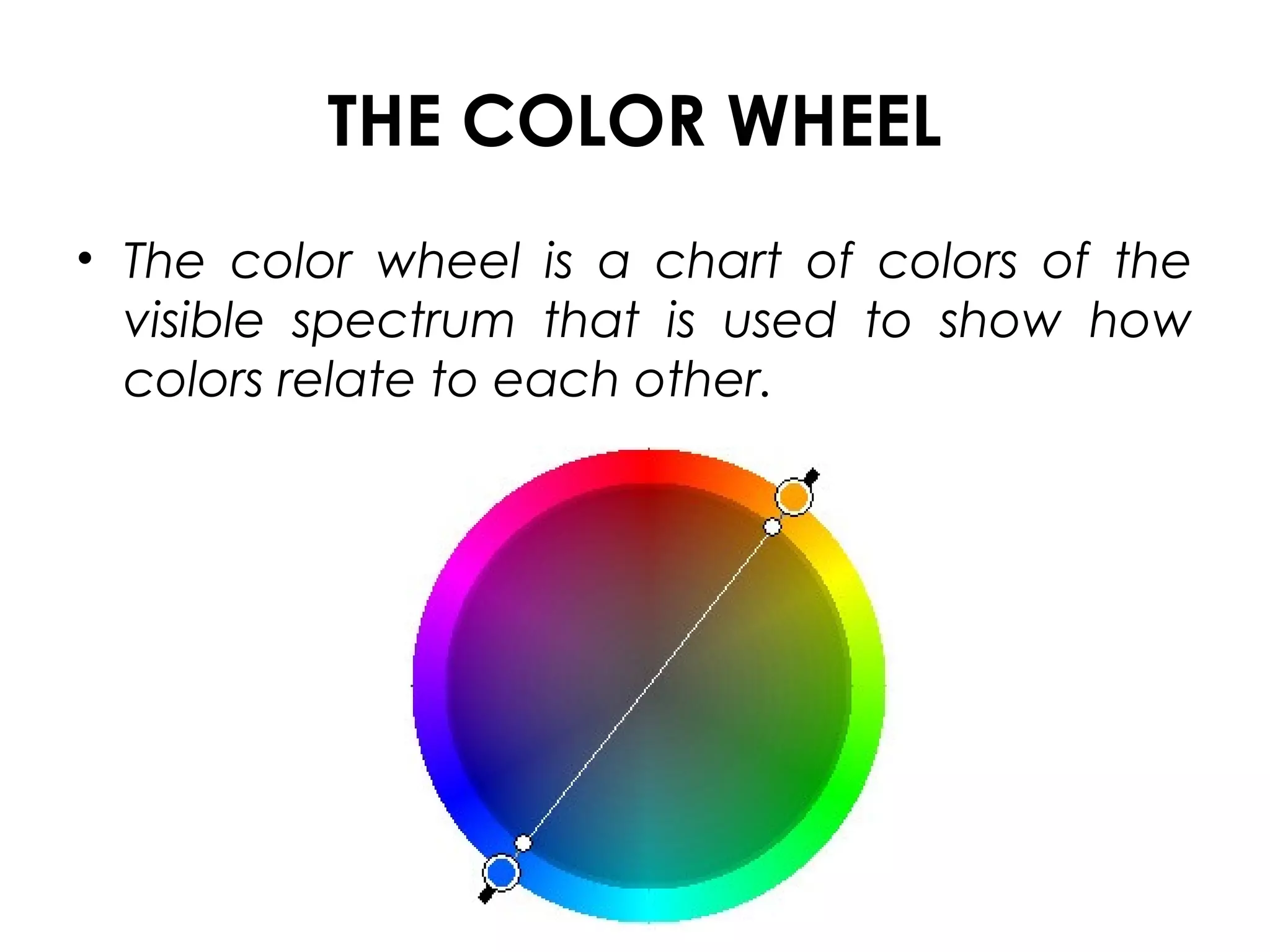THE COLOR WHEEL
• The color wheel is a chart of colors of the
visible spectrum that is used to show how
colors relate to each other.
 