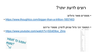 ‫יותר‬ ‫לדעת‬ ‫רוצים‬?
•‫גדולים‬ ‫מאוד‬ ‫מספרים‬:
• https://www.thoughtco.com/bigger-than-a-trillion-1857463
•‫לדמיין‬ ‫שניתן‬ ‫גדול‬ ‫הכי‬ ‫המספר‬:‫מספרי‬‫גריהם‬
• https://www.youtube.com/watch?v=02oE8ox_Zms
 