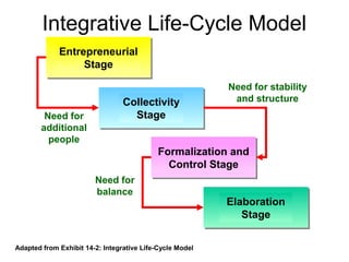 Integrative Life-Cycle Model
Adapted from Exhibit 14-2: Integrative Life-Cycle Model
Entrepreneurial
Stage
Collectivity
Stage
Formalization and
Control Stage
Elaboration
Stage
Need for
additional
people
Need for stability
and structure
Need for
balance
 
