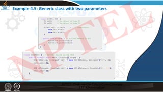 Example 4.5: Generic class with two parameters
class GC2<T1, T2> {
T1 obj1; // An object of type T1
T2 obj2; // An object of type T2
GC2(T1 obj1, T2 obj2) { // Constructor
this.obj1 = obj1;
this.obj2 = obj2;
}
public void print() { // A local method in GC2
System.out.println(obj1);
System.out.println(obj2);
}
}
class GC2Test { // Driver class using GC2
public static void main (String[] args) {
GC2 <String, Integer> obj1 = new GC2<String, Integer>("GC", 9);
obj1.print();
GC2 <Integer, Double> obj2 = new GC2<Integer, Double>(123, 1.2);
obj2.print();
}
}
NPTEL
 