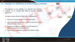 Example 5.4: Definition of all the classes in animals
The objective of this example is to illustrate how different
methods can be defined with different bounder wildcard
arguments.
A program is given which consists of the following parts.
1. Definition of all the classes as shown in the figure.
2. Declaration of the generic class, which can be used to store
different lists of animals.
3. Definitions of different methods to handle objects of
different classes in the class hierarchy.
4. Driver class to manipulate the objects of different types.
NPTEL
 