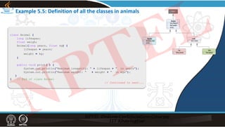 Example 5.5: Definition of all the classes in animals
class Animal {
long lifespan;
float weigh;
Animal(long years, float kg) {
lifespan = years;
weight = kg;
}
public void print( ) {
System.out.println(“Maximum longevity: “ + lifespan + “ in years”);
System.out.println(“Maximum weight: “ + weight + “ in kgs”);
}
} // End of class Animal
// Continued to next...
NPTEL
 