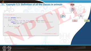Example 5.5: Definition of all the classes in animals
// Continued on...
class Pet extends Land {
String name;
Pet(long years, float kg, short vision, String name) {
super(years, kgs, vision, name); // Super class constructor
this.name = name;
}
} // End of class Pet
// Continued to next...
NPTEL
 