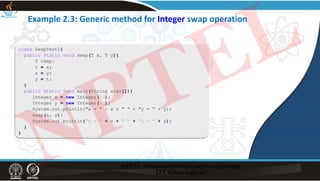 Example 2.3: Generic method for Integer swap operation
class SwapTest1{
public static void swap(T x, T y){
T temp;
t = x;
x = y;
y = t;
}
public static void main(String args[]){
Integer x = new Integer(99);
Integer y = new Integer(66);
System.out.println("x = “ + x + " “ + "y = “ + y);
swap(x, y);
System.out.println("x = “ + x + " “ + "y = “ + y);
}
}
NPTEL
 