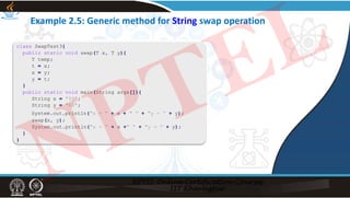 class SwapTest3{
public static void swap(T x, T y){
T temp;
t = x;
x = y;
y = t;
}
public static void main(String args[]){
String x = "99";
String y = "66";
System.out.println("x = “ + x + " “ + "y = “ + y);
swap(x, y);
System.out.println("x = “ + x +" “ + "y = “ + y);
}
}
Example 2.5: Generic method for String swap operation
NPTEL
 