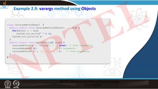 Example 2.9: varargs method using Objects
class VarargsMethodDemo3 {
public static void varargsMethod3(Object ... obj) {
for(Object o : obj)
System.out.print(“ “ + o);
System.out.println( );
}
public static void main(String[] args) {
varargsMethod3( 1, “String”, 2.3, true); // Four arguments
varargsMethod3 (); // No arguments
varargsMethod3 (15, 25, 35, 45, 55); // Five arguments
}
}
NPTEL
 