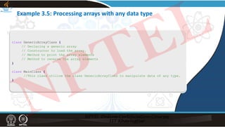 Example 3.5: Processing arrays with any data type
class GenericArrayClass {
// Declaring a generic array
// Constructor to load the array.
// Method to print the array elements
// Method to reverse the array elements
}
class MainClass {
//This class utilize the class GenericArrayClass to manipulate data of any type.
}
NPTEL
 