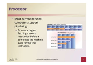 Processor
• Most current personal
computers support
pipelining
– Processor begins
fetching a second
instruction before it
completes the machine
cycle for the first
instruction
Discovering Computers 2012: Chapter 4
Figure 4‐6
11Pages 215 – 216
 