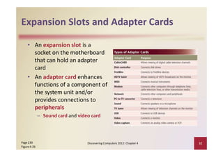 Expansion Slots and Adapter Cards
• An expansion slot is a
socket on the motherboard
that can hold an adapter
card
• An adapter card enhances
functions of a component of
the system unit and/or
provides connections to
peripherals
– Sound card and video card
Discovering Computers 2012: Chapter 4 32Page 230
Figure 4‐26
 