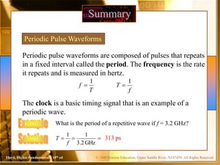 © 2009 Pearson Education, Upper Saddle River, NJ 07458. All Rights Reserved
Floyd, Digital Fundamentals, 10th ed
Periodic pulse waveforms are composed of pulses that repeats
in a fixed interval called the period. The frequency is the rate
it repeats and is measured in hertz.
Summary
Periodic Pulse Waveforms
T
f
1

f
T
1

The clock is a basic timing signal that is an example of a
periodic wave.
What is the period of a repetitive wave if f = 3.2 GHz?



GHz
2
.
3
1
1
f
T 313 ps
 
