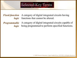 © 2009 Pearson Education, Upper Saddle River, NJ 07458. All Rights Reserved
Floyd, Digital Fundamentals, 10th ed
Selected Key Terms
Fixed-function
logic
Programmable
logic
A category of digital integrated circuits having
functions that cannot be altered.
A category of digital integrated circuits capable of
being programmed to perform specified functions.
 
