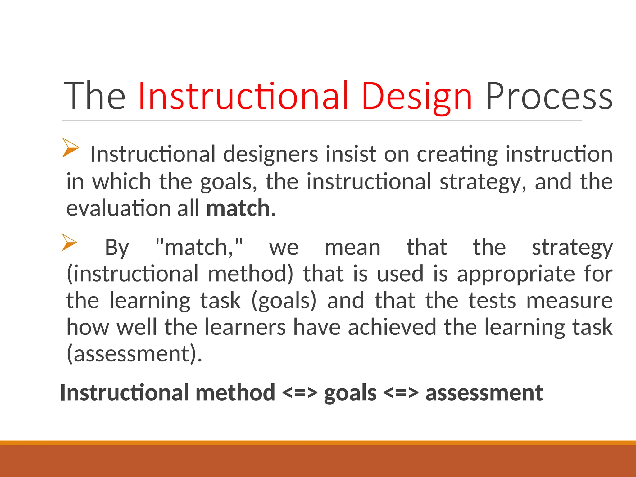 The Instructional Design Process
 Instructional designers insist on creating instruction
in which the goals, the instructional strategy, and the
evaluation all match.
 By "match," we mean that the strategy
(instructional method) that is used is appropriate for
the learning task (goals) and that the tests measure
how well the learners have achieved the learning task
(assessment).
Instructional method <=> goals <=> assessment
 