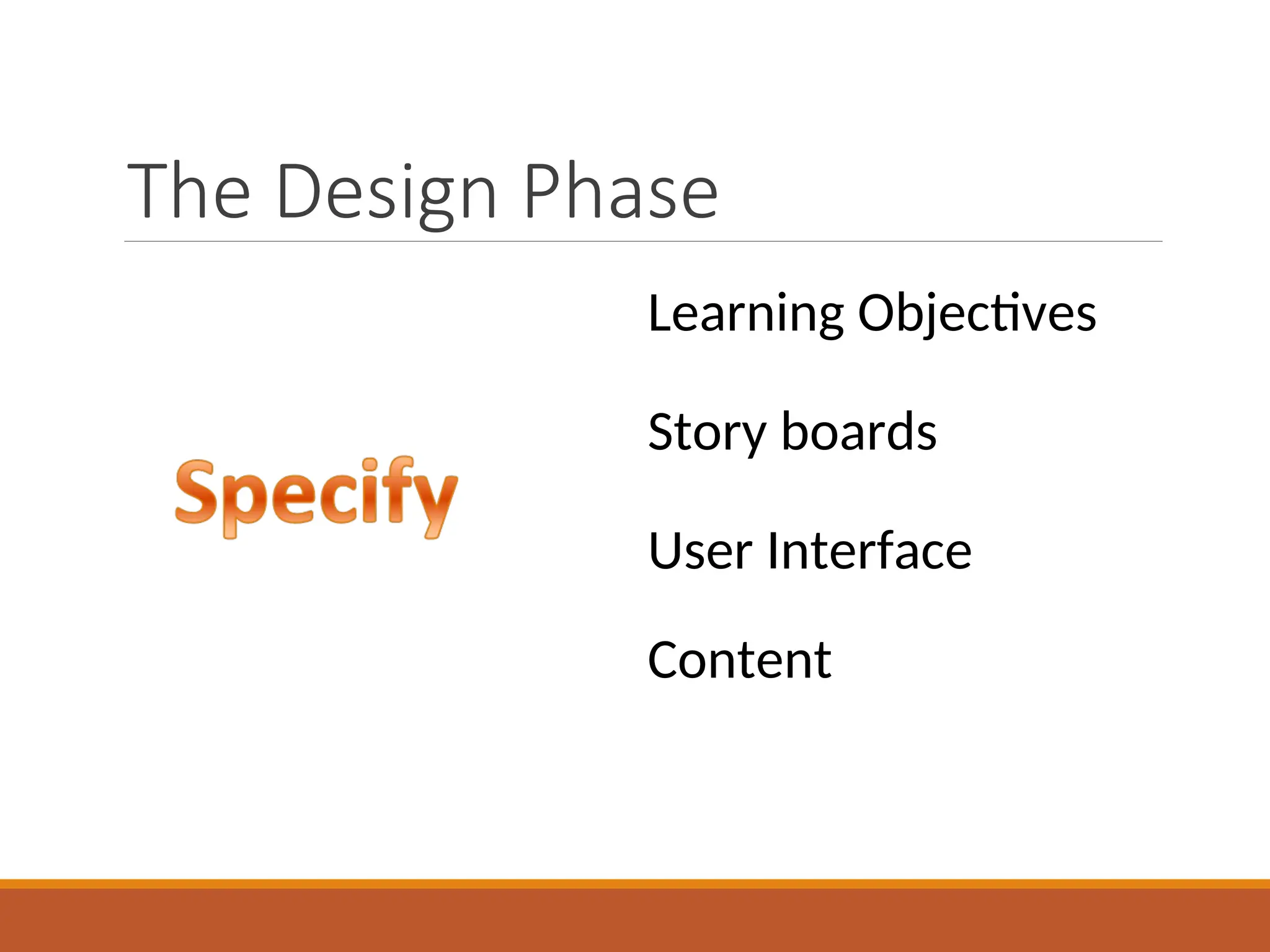 The Design Phase
Learning Objectives
Story boards
User Interface
Content
 