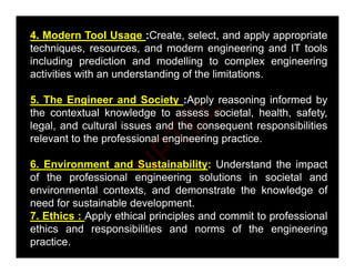 4. Modern Tool Usage :Create, select, and apply appropriate
techniques resources and modern engineering and IT tools
techniques, resources, and modern engineering and IT tools
including prediction and modelling to complex engineering
activities with an understanding of the limitations.
5. The Engineer and Society :Apply reasoning informed by
the contextual knowledge to assess societal, health, safety,
legal, and cultural issues and the consequent responsibilities
relevant to the professional engineering practice.
6. Environment and Sustainability: Understand the impact
of the professional engineering solutions in societal and
environmental contexts and demonstrate the knowledge of
environmental contexts, and demonstrate the knowledge of
need for sustainable development.
7. Ethics : Apply ethical principles and commit to professional
ethics and responsibilities and norms of the engineering
practice.
N
P
T
E
L
 