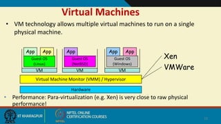 Virtual Machines
• VM technology allows multiple virtual machines to run on a single
physical machine.
Hardware
Virtual Machine Monitor (VMM) / Hypervisor
Guest OS
(Linux)
Guest OS
(NetBSD)
Guest OS
(Windows)
VM VM VM
AppApp AppAppApp
Xen
VMWare
• Performance: Para-virtualization (e.g. Xen) is very close to raw physical
performance!
12
 
