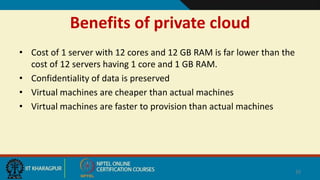 Benefits of private cloud
• Cost of 1 server with 12 cores and 12 GB RAM is far lower than the
cost of 12 servers having 1 core and 1 GB RAM.
• Confidentiality of data is preserved
• Virtual machines are cheaper than actual machines
• Virtual machines are faster to provision than actual machines
32
 