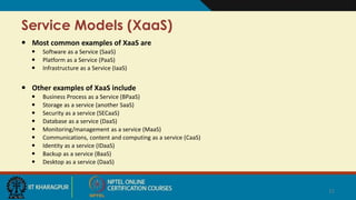 Service Models (XaaS)
 Most common examples of XaaS are
 Software as a Service (SaaS)
 Platform as a Service (PaaS)
 Infrastructure as a Service (IaaS)
 Other examples of XaaS include
 Business Process as a Service (BPaaS)
 Storage as a service (another SaaS)
 Security as a service (SECaaS)
 Database as a service (DaaS)
 Monitoring/management as a service (MaaS)
 Communications, content and computing as a service (CaaS)
 Identity as a service (IDaaS)
 Backup as a service (BaaS)
 Desktop as a service (DaaS)
11
 