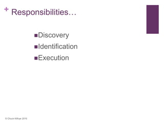 + Responsibilities…


                       Discovery

                       Identification

                       Execution




© Chuck Kilfoye 2010
 