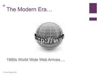 +
    The Modern Era…




    1990s World Wide Web Arrives….


© Chuck Kilfoye 2010
 