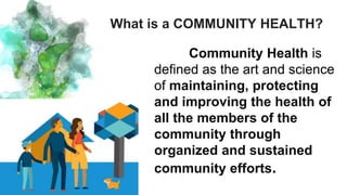 What is a COMMUNITY HEALTH?
Community Health is
defined as the art and science
of maintaining, protecting
and improving the health of
all the members of the
community through
organized and sustained
community efforts.
 