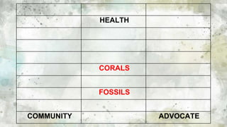 HEALTH
CORALS
FOSSILS
COMMUNITY ADVOCATE
 