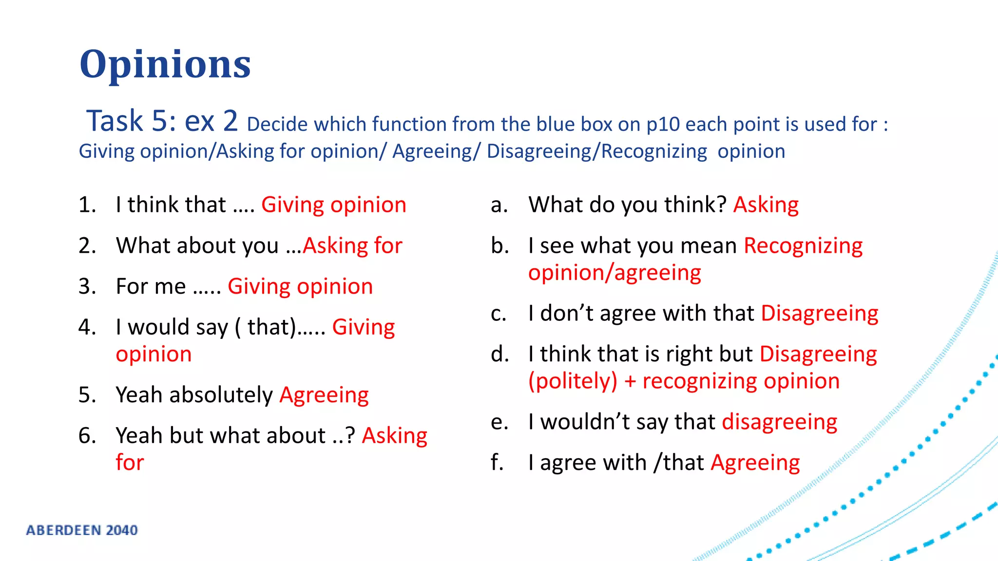 1. I think that …. Giving opinion
2. What about you …Asking for
3. For me ….. Giving opinion
4. I would say ( that)….. Giving
opinion
5. Yeah absolutely Agreeing
6. Yeah but what about ..? Asking
for
a. What do you think? Asking
b. I see what you mean Recognizing
opinion/agreeing
c. I don’t agree with that Disagreeing
d. I think that is right but Disagreeing
(politely) + recognizing opinion
e. I wouldn’t say that disagreeing
f. I agree with /that Agreeing
Opinions
Task 5: ex 2 Decide which function from the blue box on p10 each point is used for :
Giving opinion/Asking for opinion/ Agreeing/ Disagreeing/Recognizing opinion
 