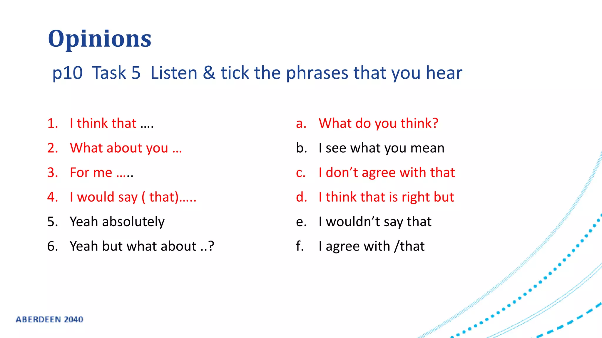 1. I think that ….
2. What about you …
3. For me …..
4. I would say ( that)…..
5. Yeah absolutely
6. Yeah but what about ..?
a. What do you think?
b. I see what you mean
c. I don’t agree with that
d. I think that is right but
e. I wouldn’t say that
f. I agree with /that
Opinions
p10 Task 5 Listen & tick the phrases that you hear
 