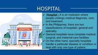 HOSPITAL
✔ Hospital - It is an institution where
people undergo medical diagnosis, care,
and treatment.
✔ In the Philippines, there are two
classifications of hospitals: general and
specialty.
✔ General hospitals have complete medical,
surgical, and maternal care facilities.
✔ On the other hand, specialty hospitals
handle a particular disease or condition or
deal with only one type of patient.
 