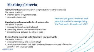 Marking Criteria
Task fulfilment (some distinction in complexity between the two levels)
The extent to which:
• the main points (only) are covered
• information is succinct
Organisation, coherence, cohesion, & presentation
The extent to which:
• the organisation of content is logical
• the writing adheres to submission instructions
• the relationship between the ideas is clear
Demonstrating meaning/ understanding in your own words
The extent to which:
• the original meaning and content is kept
• demonstrates strategies that focus on conveying comprehension of meaning
(extent of own language used)
Students are given a mark for each
descriptor with the average being
the final mark. All marks out of 22.
 