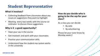 Student Representative
What it involves?
• Collecting feedback from classmates about any
issues or suggestions they want to highlight
• Meeting every two weeks with the course co-
ordinator to discuss these suggestions
Why is it a good opportunity?
• Have your say in the course
• Get involved and work with your classmates
• Practice your communication skills
• Understand how the student rep system works
in the university
How do you decide who is
going to be the rep for your
class?
As a class you can decide
• By vote
• By volunteering
Please let your tutor know by
Monday week 2
 