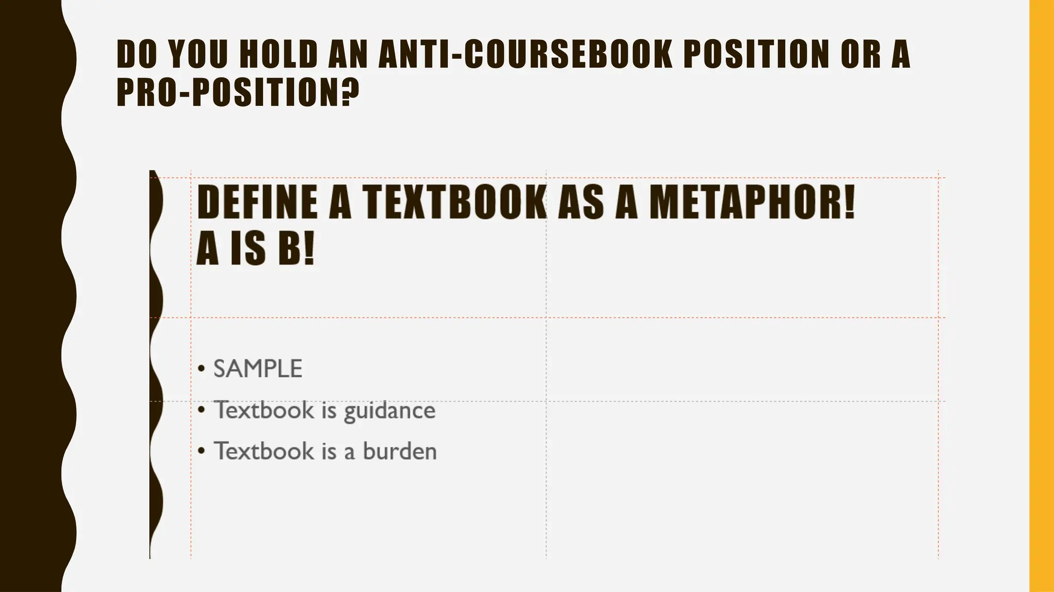 DO YOU HOLD AN ANTI-COURSEBOOK POSITION OR A
PRO-POSITION?
 