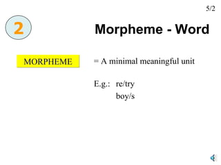 Morpheme - Word  MORPHEME = A minimal meaningful unit E.g.:  re/try boy/s 5/2 2 