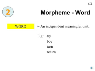 Morpheme - Word  WORD = An independent meaningful unit. E.g.:  try boy turn return 2 6/2 