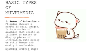 BASIC TYPES
OF
MULTIMEDIA
5. Forms of Animation -
Flipping through a
series of still images.
It is a series of
graphics that create an
illusion of motion to
display pieces of
information with moving
or still images and
easily transferable.
Example: Graphic Image
 