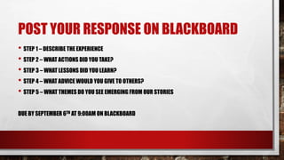 POST YOUR RESPONSE ON BLACKBOARD
• STEP 1 – DESCRIBE THE EXPERIENCE
• STEP 2 – WHAT ACTIONS DID YOU TAKE?
• STEP 3 – WHAT LESSONS DID YOU LEARN?
• STEP 4 – WHAT ADVICE WOULD YOU GIVE TO OTHERS?
• STEP 5 – WHAT THEMES DO YOU SEE EMERGING FROM OUR STORIES
DUE BY SEPTEMBER 6TH AT 9:00AM ON BLACKBOARD
 