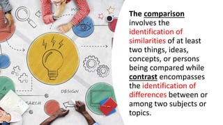 The comparison
involves the
identification of
similarities of at least
two things, ideas,
concepts, or persons
being compared while
contrast encompasses
the identification of
differences between or
among two subjects or
topics.
 