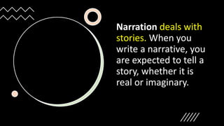 Narration deals with
stories. When you
write a narrative, you
are expected to tell a
story, whether it is
real or imaginary.
 