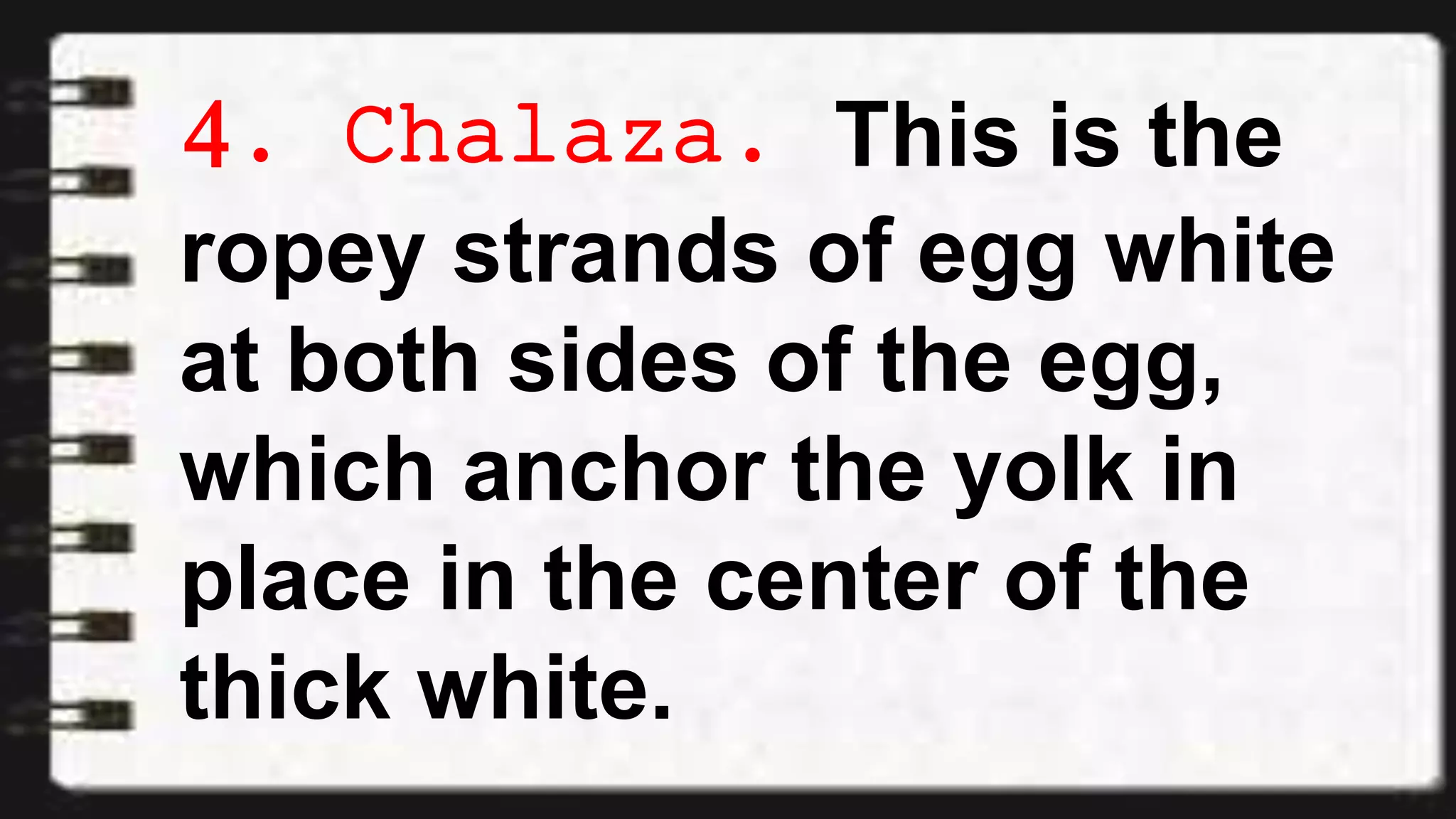 4. Chalaza. This is the
ropey strands of egg white
at both sides of the egg,
which anchor the yolk in
place in the center of the
thick white.
 