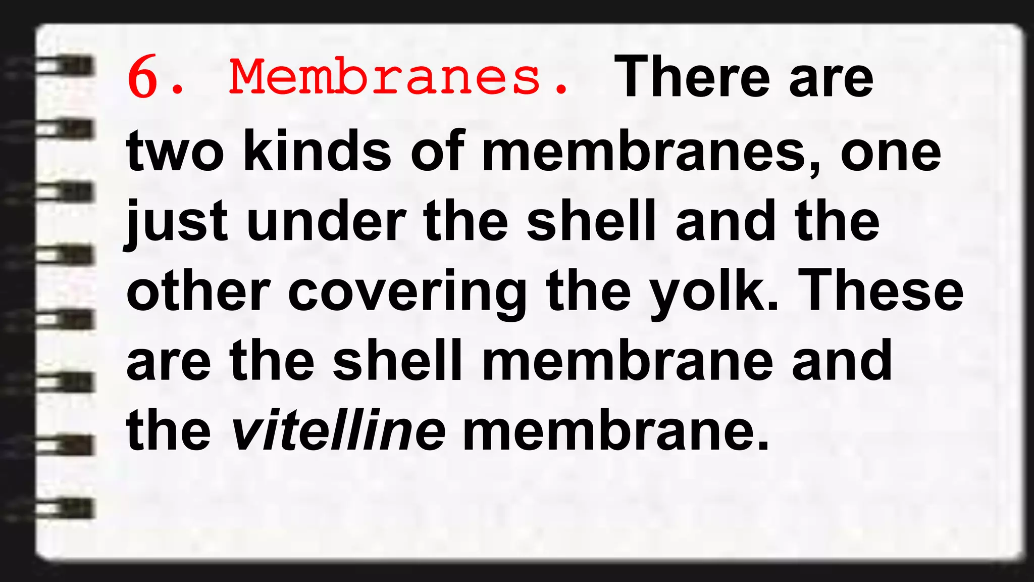 6. Membranes. There are
two kinds of membranes, one
just under the shell and the
other covering the yolk. These
are the shell membrane and
the vitelline membrane.
 