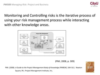 PMI. (2008). A Guide to the Project Management Body of Knowledge (PMBOK). (4th Ed.). Newton
Square, PA.: Project Management Institute, Inc.
PM508 Managing Risk: Project and Business
Monitoring and Controlling risks is the iterative process of
using your risk management process while interacting
with other knowledge areas.
(PMI, 2008, p. 309)
 
