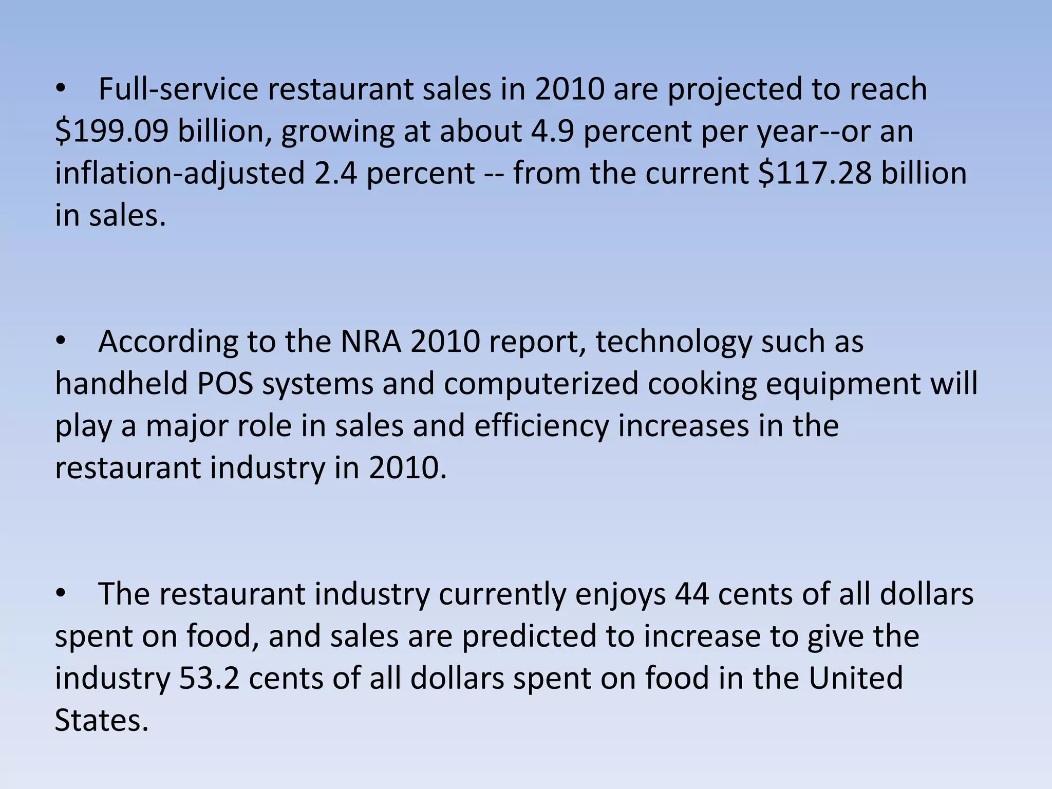     Full-service restaurant sales in 2010 are projected to reach      $199.09 billion, growing at about 4.9 percent per year--or an inflation-adjusted 2.4 percent -- from the current $117.28 billion in sales.