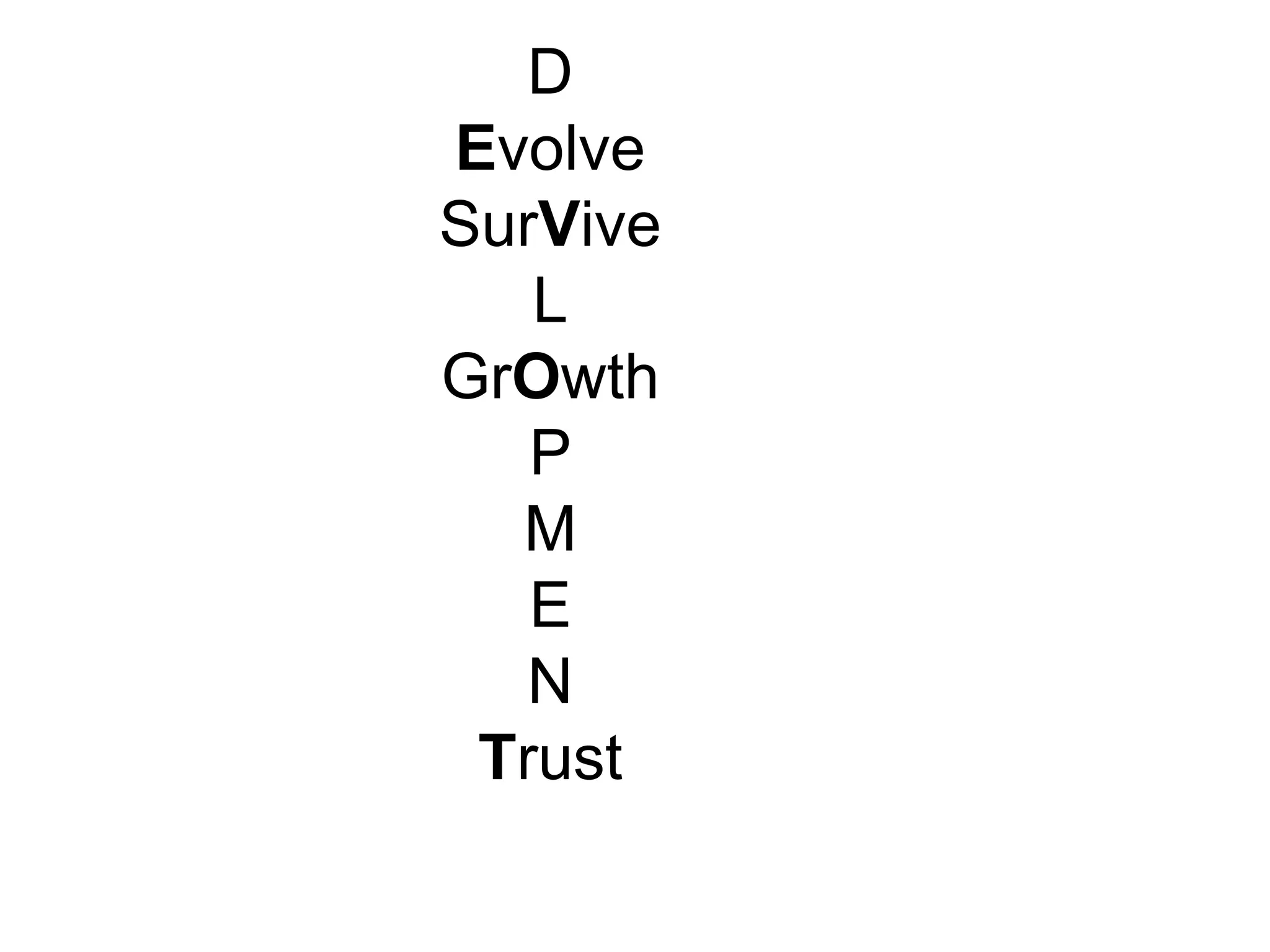 D
Evolve
SurVive
L
GrOwth
P
M
E
N
Trust
 